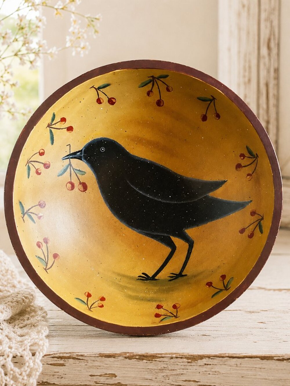 Vintage Handcrafted Primitive Wooden Black Crow With Cherry Motifs Bowl Wall Art